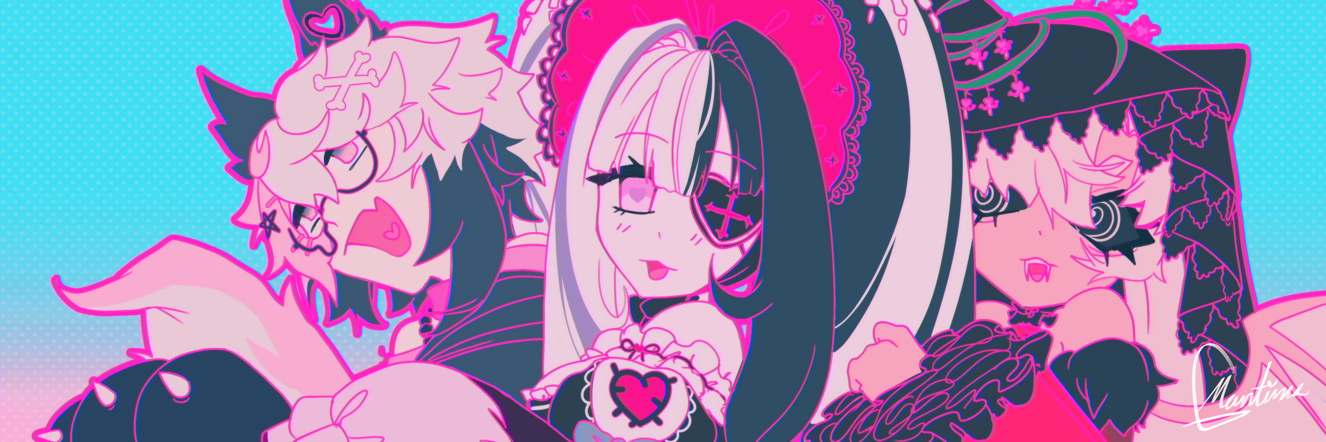 Banner of all three Mortimer universe in the order: Dogimer, Batimer, and Ghoulimer